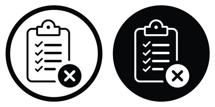 clipboard icon with wrong mark set in black and white circles, vector graphics isolated on background.