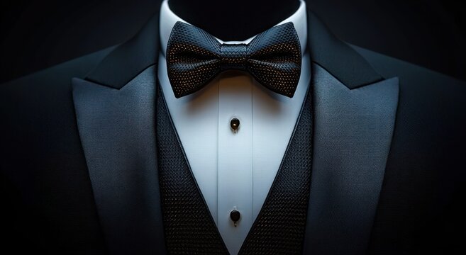 Close-up of a black tuxedo jacket with satin lapels, textured bow tie, white pleated dress shirt, waistcoat and shiny shirt studs conveying elegant sophisticated formal style