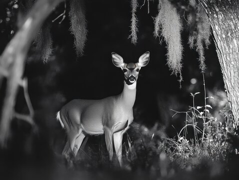 Alert doe standing beneath hanging moss and a tree in a dark forest clearing, bathed in dramatic monochrome light with a calm, curious expression