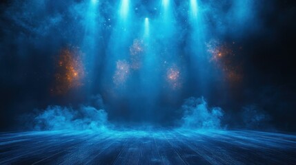 Fototapeta premium Empty wooden stage with blue spotlights, swirling fog and glowing orange sparks, dramatic mysterious atmosphere