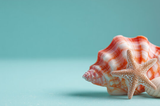Vibrant seashell and starfish on serene turquoise background