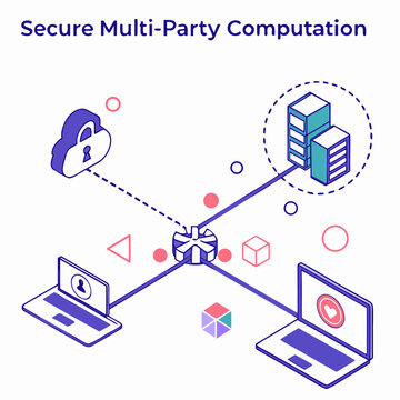 Secure multi-party computation abstraction, demonstrating distributed secure computation and data privacy through complex network connections, vector illustration.