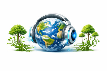 Climate technology earth headphone futurist ecology sustainability innovation circuit tree concept image, planet wearing headset beside circuit root tree, clean energy and digital nature harmony