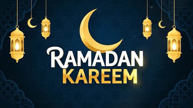 A glowing crescent moon, hanging lamps, and "Ramadan Kareem" text over a dark blue background