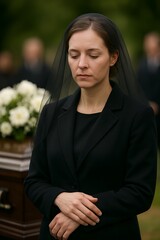 Woman in Black at Funeral with White Flowers