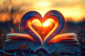 Open book with pages folded into a heart framing the glowing sun at sunset over blurred grass, warm golden light and a peaceful romantic mood