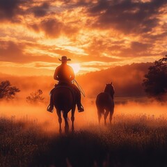silhouetted cowboy riding with a companion horse through a misty field at golden sunrise, peaceful and nostalgic atmosphere