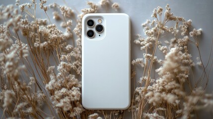 white smartphone with three rear cameras resting on dried beige wildflowers, calm serene flat-lay composition