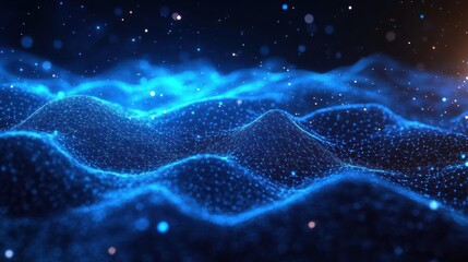 glowing blue wireframe waves with lattice nodes and floating light particles over a dark starry background, serene mysterious futuristic data landscape