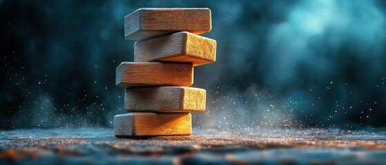 precarious stack of worn wooden blocks on a textured surface with glowing dust and dramatic blue backlight, evoking tension, anticipation, and careful balance