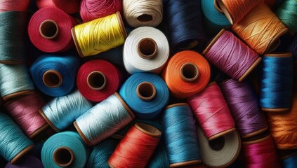 close-up of vibrant multicolored spools of sewing thread scattered in a cheerful creative pile