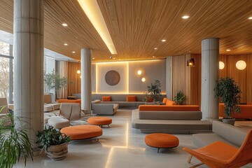 Spacious modern lounge with concrete columns, wood-paneled ceiling, grey sectional sofas, orange cushions and round ottomans, potted plants and warm ambient lighting, cozy inviting atmosphere