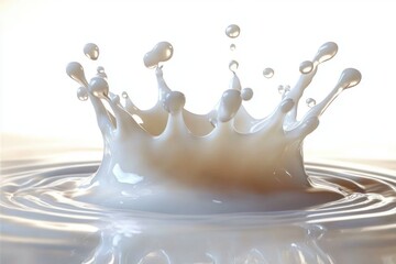 Close-up crown splash of white milk with airborne droplets and rippling surface, glossy frozen motion conveying freshness and serene elegance