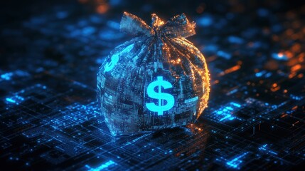 Futuristic glowing digital money bag with prominent dollar sign on illuminated circuit board conveying secure high-tech wealth