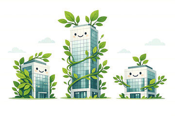 Green building office skyscraper vine leaf sustainable eco city illustration of modern glass tower and small block wrapped in branches, smiling face, clean white background, climate friendly design
