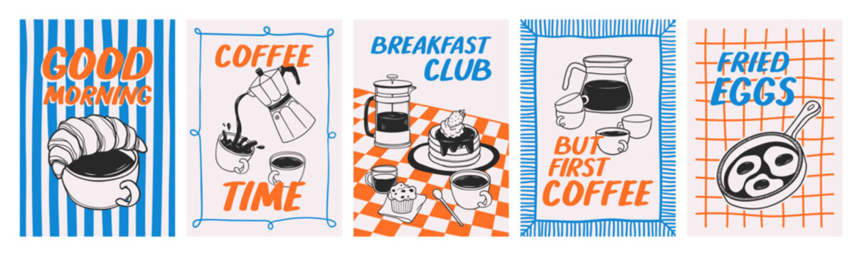 Hand drawn outline posters set of breakfast and coffee break. Doodle sketch illustrations with coffee cups, croissant, pancakes, eggs, coffeemaker. Vintage design for kitchen wall art, cafe menu
