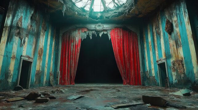 Abandoned decaying theater stage with tattered red curtains, peeling turquoise striped walls, broken skylight, collapsed ceiling and scattered debris in a haunting melancholic scene