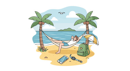 Obraz premium Cartoon vector illustration of a girl relaxing on a tropical island beach with palm trees and a sunny summer ocean landscape