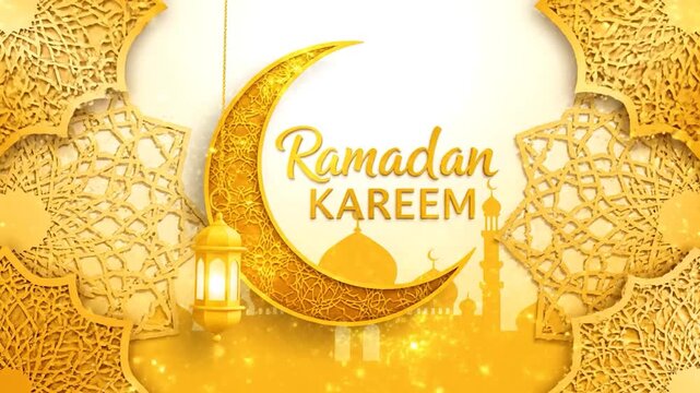 A gold and white celebratory design for Ramadan, featuring moon, lantern, mosque silhouettes, and ornate patterns