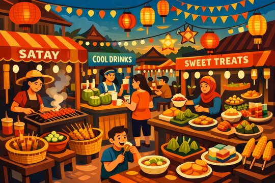 Vibrant Southeast Asian street market vector illustration