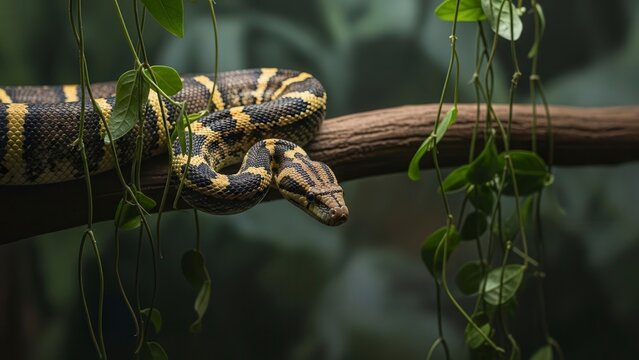 Python Snake Coiled on Tree Branch in Lush Jungle