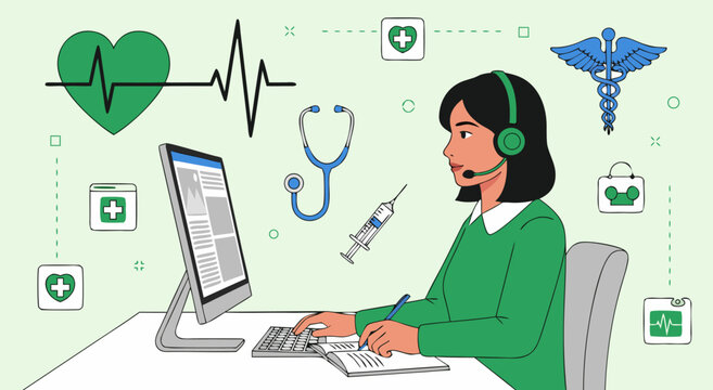 Healthcare technology concept vector illustration with professional woman wearing headset at computer, medical icons, stethoscope, and syringe