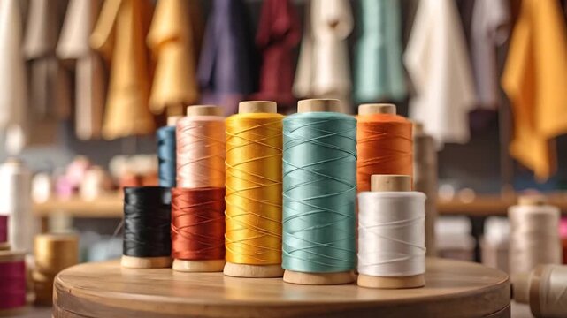 Colorful spools of thread arranged on a wooden display, with a blurred background of clothing.