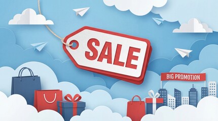 Promotion in Clouds: A captivating illustration featuring SALE tag suspended amidst paper airplanes and clouds, with gift boxes and shopping bags.