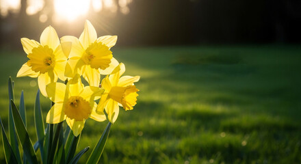 Fototapeta premium Cluster of bright yellow daffodils with sunlit green lawn background