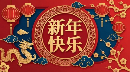 Lunar New Year Celebration: A festive illustration of the Lunar New Year, brimming with traditional symbols like ornate lanterns, a majestic dragon, and auspicious calligraphy.