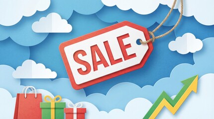 The Perfect Deal: a captivating representation of the ultimate sale offer, where a price tag announces the event with a growing line for profit and a gift bag representing the gifts of offers .