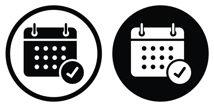 Calendar vector icon with a confirmed checkmark symbol. Set in black and white circular frames. Suitable for verified dates, completed appointments, and successful project scheduling.