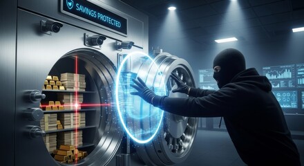 Breach of Security: A hooded figure attempts to breach the high-tech security of a bank vault filled with gold bars, symbolizing risk and potential illegal activity.