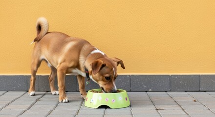 Pet's Dining: An adorable canine is captured mid-meal, focused intently on its food in a vibrant, colorful setting. 