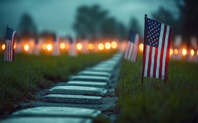 Fototapeta premium Misty twilight cemetery row of flat grave markers with small american flags and glowing memorial lights, evoking solemn remembrance