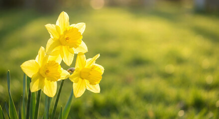 Obraz premium Cluster of bright yellow daffodils with sunlit green lawn background