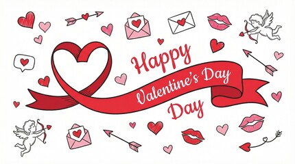 Valentine's Day Greeting: Festive illustration featuring romantic symbols on a themed banner, conveying love, affection and appreciation.