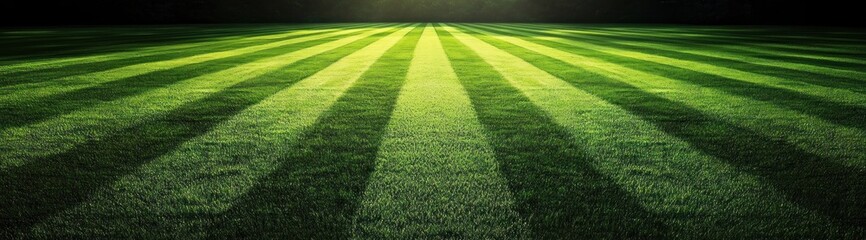 tranquil sunlit striped lawn stretching to a distant dark tree line, vibrant green symmetry and converging perspective