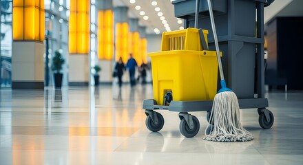 Fototapeta premium Janitorial cleaning cart in a modern building lobby