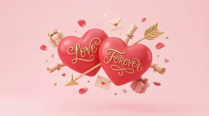 Eternal Hearts: Two intricately designed hearts, pierced by a golden arrow, symbolize enduring love and commitment, adorned with romantic elements that enhance the celebratory feeling of romance.