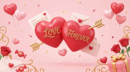 Eternal Hearts: Two heart-shaped figures, one inscribed with Love and the other with Forever, symbolize enduring affection, accompanied by symbols of romance and devotion.