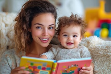 Obraz premium Parent and toddler cuddled on a sofa reading a colorful picture book together, cozy blanket and toys in background, warm engaged storytime moment