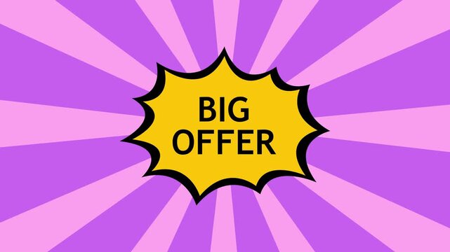 Bright comic-style sale graphic with a yellow starburst shape reading 'big offer' centered on a pink and purple radial background