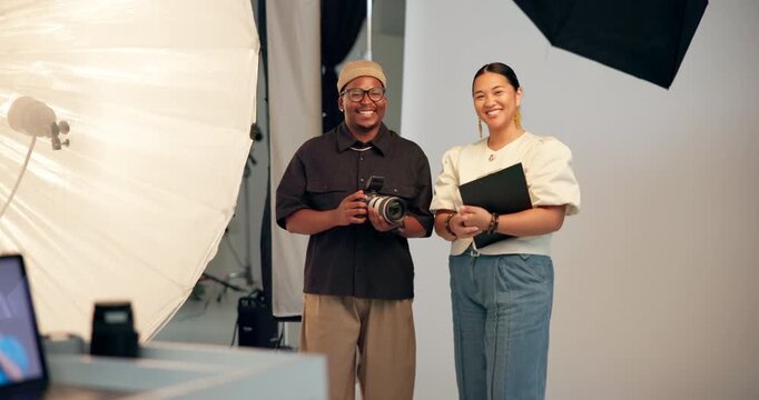 Camera, face or production with director and photographer in studio for collaboration or shoot. Art, creative or photography with man and woman on set together for bts teamwork or catalog session
