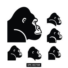 Gorilla Head Silhouette Vector Graphics Set.