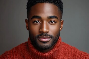 Obraz premium Studio head-and-shoulders portrait of a person with short textured hair wearing a chunky red turtleneck sweater against a neutral gray background, calm and composed