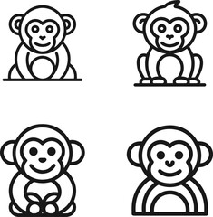A Collection of Four Distinct and Simplified Line Art Icons of Cute Monkeys in Various Poses