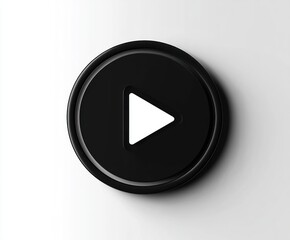 Glossy black circular play button with white triangle centered on clean white background, minimalist and inviting