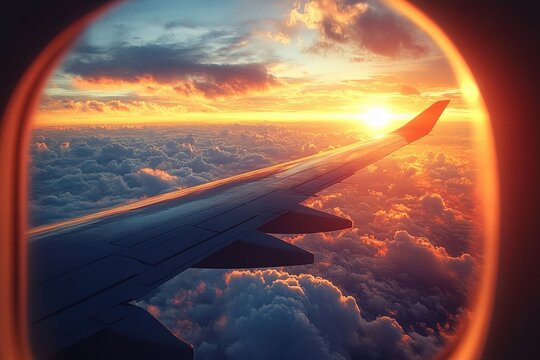 airplane wing above glowing cloudscape with golden sun through oval window, warm light evoking peaceful wonder and travel serenity