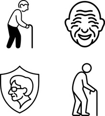 A Collection of Four Black and White Icons Representing Elderly People and Their Well-being